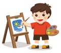 Cute artist boy painting flower on canvas.