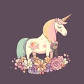 Cute artistic unicorn in flowers. Pretty cartoon character animal. Vector illustration for unicorns design, birthday