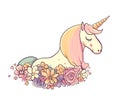 Cute artistic unicorn in flowers. Pretty cartoon character animal. Vector illustration for unicorns design, birthday