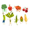 Cute artoon Vegetables Set, Food Characters with Funny Faces Vector Illustration