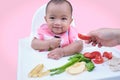 Cute Asian baby girl eating by hands, Little baby eating organic vegetables with BLW method, baby led weaning