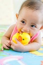 Cute Asian baby girl playing with robber duck toy Royalty Free Stock Photo