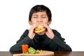 Cute Asian boy in black shirt eating a delicious hamburger Royalty Free Stock Photo