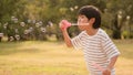 Cute Asian boy blowing soap bubbles at the park in natural afternoon sunlight enjoy the outdoor play date, carefree mind,concept Royalty Free Stock Photo