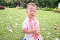 Cute Asian boy child drinking pure water from plastic water bottle on nature in the park Royalty Free Stock Photo