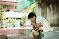 Cute asian boy crying alone in the park Royalty Free Stock Photo