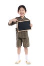 Cute asian boy in kimono holding black board Royalty Free Stock Photo