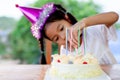 Asian child girl with birthday cake in birthday party Royalty Free Stock Photo