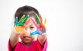 Cute asian child girl with hands painted in colorful paint Royalty Free Stock Photo