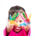 Cute asian child girl with hands painted in colorful paint Royalty Free Stock Photo