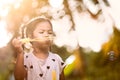 Cute asian child girl having fun to blow soap bubbles in outdoor Royalty Free Stock Photo