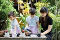 Cute asian child girl helping mother planting or cutivate the plants. Mom and daughter engaging in gardening at home. Happy activi Royalty Free Stock Photo