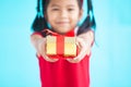 Cute asian child girl holding beautiful gift in hand Royalty Free Stock Photo