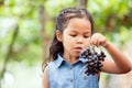 Cute asian child girl holding bunch of red grapes Royalty Free Stock Photo