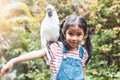 Cute asian child girl with macaw parrot in her shoulder Royalty Free Stock Photo