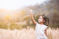 Asian child girl playing with toy wooden airplane in the barley field at sunset time with fun Royalty Free Stock Photo