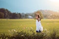 Cute asian child girl running and playing toy paper airplane Royalty Free Stock Photo