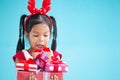 Cute asian child girl surprise with gift Royalty Free Stock Photo