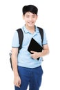 Cute asian child with school stationery on white background Royalty Free Stock Photo
