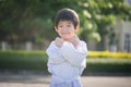 Cute Asian child in white kimono during training karate Royalty Free Stock Photo