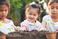 Cute asian children planting young tree in the black soil together in the garden