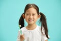 Cute Asian ethnicity child girl with a two ponytails holding toothbrush and happy smiling preparing brush self teeth Royalty Free Stock Photo