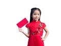 Cute Asian girl in chinese cheongsam and Tradition Chinese dress with red envelope , Chinese new year concept Royalty Free Stock Photo