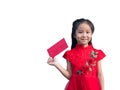 Cute Asian girl in chinese cheongsam and Tradition Chinese dress with red envelope , Chinese new year concept Royalty Free Stock Photo