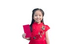 Cute Asian girl in chinese cheongsam and Tradition Chinese dress with red envelope , Chinese new year concept Royalty Free Stock Photo