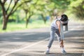 Cute asian girl exercise in gardent background