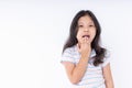 Cute Asian girl happily lovely attractive cheerful cheery very nice looking at the camera, taking a portrait isolated with copy Royalty Free Stock Photo