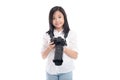 Cute asian girl holding camera Royalty Free Stock Photo