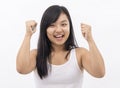 Cute asian girl happy cheering on isolated background Royalty Free Stock Photo