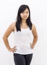 Cute serious asian girl on isolated background thinking suspicious Royalty Free Stock Photo