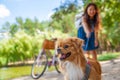 Cute asian girl with little dog walking in park. Woman sitting on green grass with dog - outdoor in nature portrait. Pet, domestic Royalty Free Stock Photo