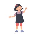 Cute asian girl in overalls waving hello, cartoon childcare vector character. Chinese kid in her hair wave goodbye. Royalty Free Stock Photo