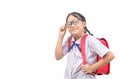 Cute asian girl student wear uniform and carries school bag isolated Royalty Free Stock Photo