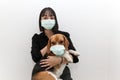 Cute asian lady wearing protective face mask with beagle dog wearing protective mask too