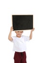 Cute Asian little baby boy showing blank blackboard isolated on white background - Clipping path Royalty Free Stock Photo