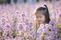 Cute asian little child girl holding magnifier looking on flower with curiously and enjoying with beautiful flower Royalty Free Stock Photo