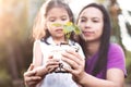 Cute asian little child girl and parent holding young tree Royalty Free Stock Photo