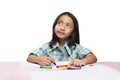 Cute asian little girl with crayon thinking to drawing something Royalty Free Stock Photo