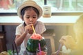 Cute asian little girl is drinking watermelon blended juice Royalty Free Stock Photo