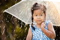 cute asian little girl with umbrella in rain Royalty Free Stock Photo