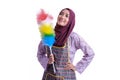 Asian Muslim wearing apron and hold a cleaner