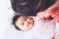 Cute asian newborn baby girl playing with mother with love