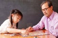 An Asian preschool girl learning to play board games with her grandfather