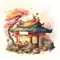 Cute asian restaurant. AI generative watercolor illustration