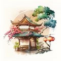 Cute asian restaurant. AI generative watercolor illustration