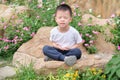 Cute  Asian toddler boy child with eyes closed practices yoga & meditating outdoors on nature in springtime, Beginner Meditation, Royalty Free Stock Photo